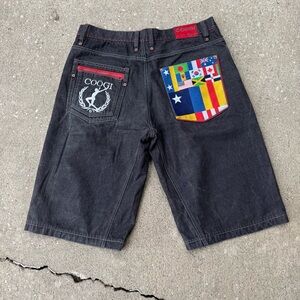COOGI Black Denim Shorts with Multicolor Flag Patch Size 40